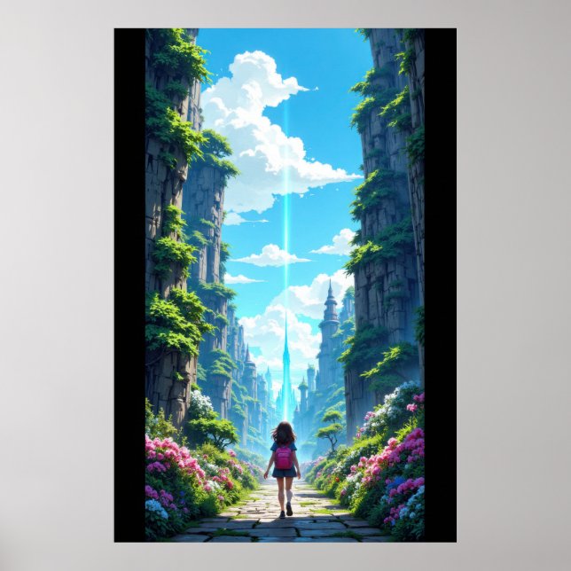 Girl with backpack walking towards fantasy crystal poster (Vorne)