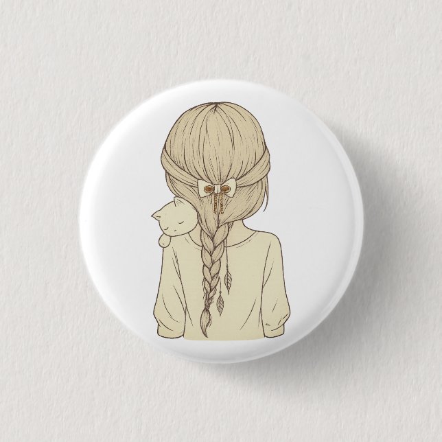 Girl with Braid and Cat Illustration – Soft Pastel Button (Vorderseite)