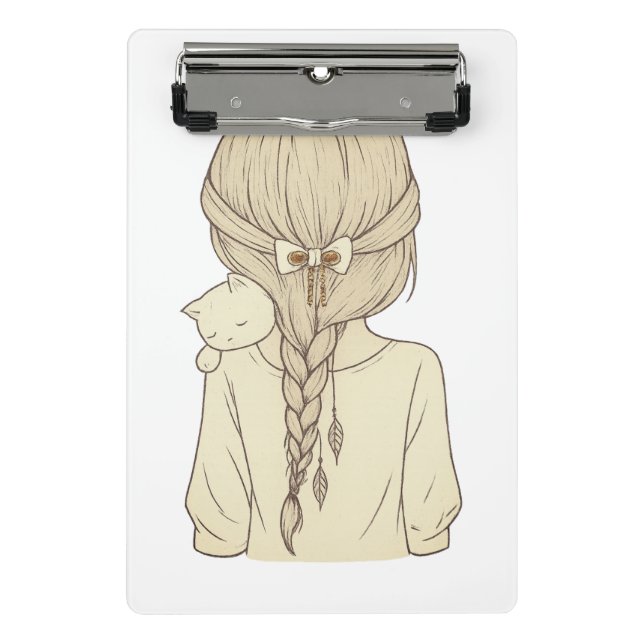 Girl with Braid and Cat Illustration – Soft Pastel Mini Klemmbrett (Vorderseite)
