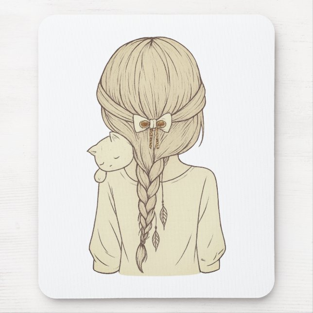 Girl with Braid and Cat Illustration – Soft Pastel Mousepad (Vorne)