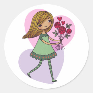 Girl With Flowers Runder Aufkleber