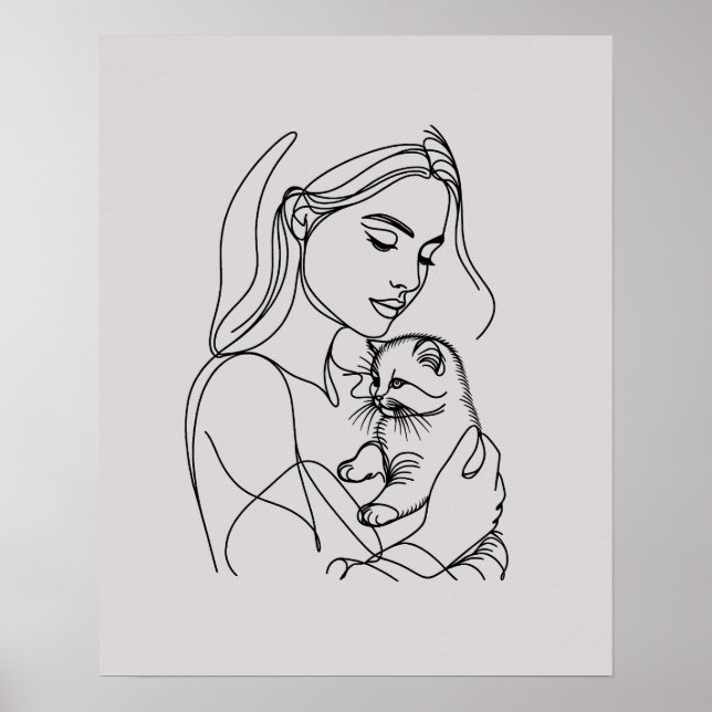 Girl with Kitten - Line Art Poster (Vorne)