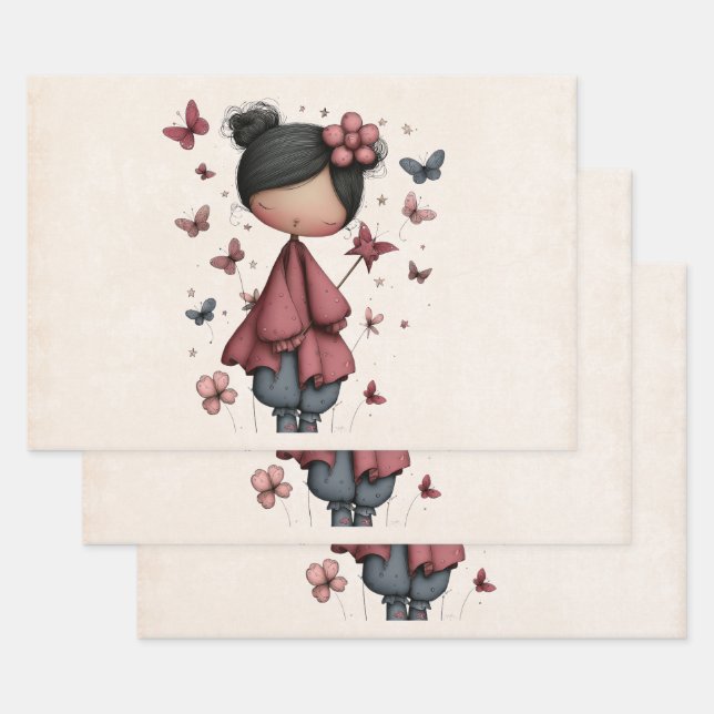 Girl with Magic Wand and Butterflies Geschenkpapier Set (Set)