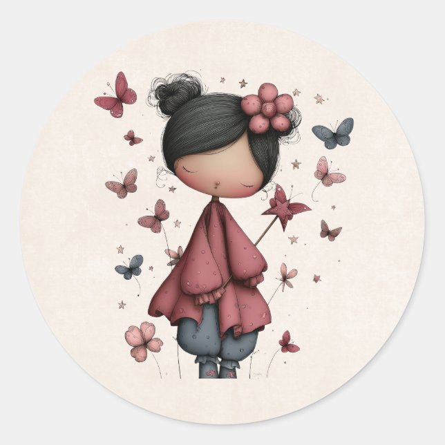 Girl with Magic Wand and Butterflies Runder Aufkleber (Vorderseite)