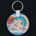 Girl With Red Rose Be True To You Button Key Ring Schlüsselanhänger<br><div class="desc">Girl With Red Rose Beret Be True To You Button Key Ring.  A lovely & practical gift! Designed from one of my original watercolour paintings!</div>