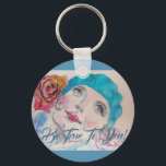 Girl With Red Rose Be True To You Button Key Ring Schlüsselanhänger<br><div class="desc">Girl With Red Rose Beret Be True To You Button Key Ring.  A lovely & practical gift! Designed from one of my original watercolour paintings!</div>
