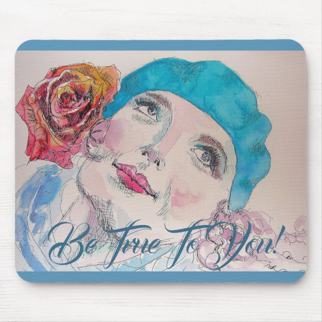 Girl With Red Rose Beret Be True Mouse Mat Pad Mousepad (Vorne)