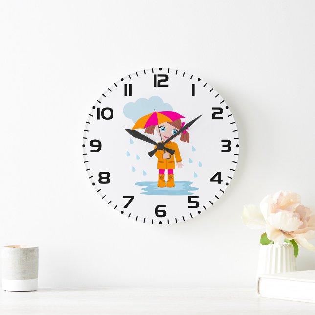 Girl with Umbrella in Rain Kids Rainy Day Große Wanduhr (Von Creator hochgeladen)