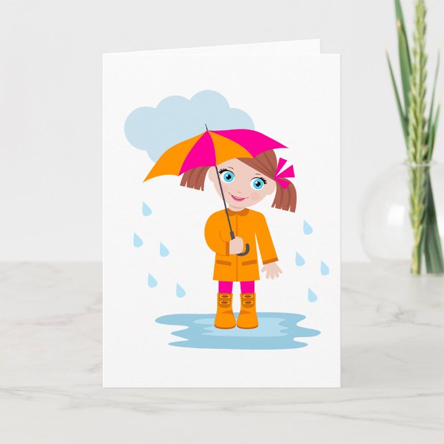 Girl with Umbrella in Rain Kids Rainy Day Karte (Von Creator hochgeladen)