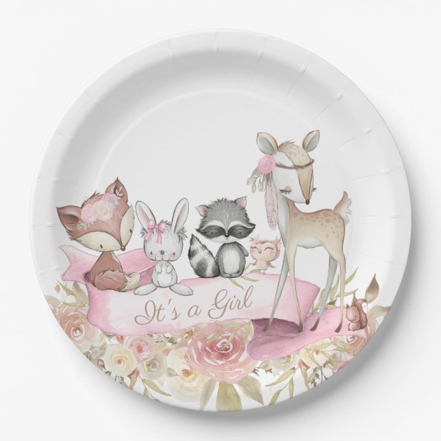 Girl Woodland Animal Baby Dusche Pappteller (Vorderseite)