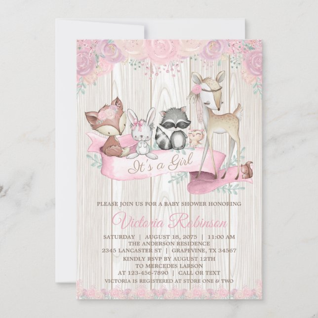 Girl Woodland Animal Watercolor Floral Baby Dusche Einladung (Vorderseite)