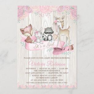 Girl Woodland Animal Watercolor Floral Baby Dusche Einladung