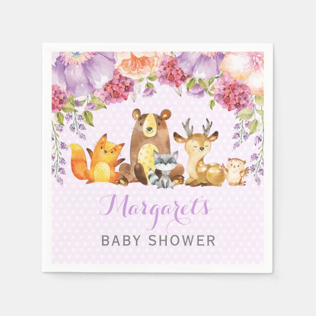 Girl Woodland Animals Lila Baby-Dusche Serviette (Vorderseite)