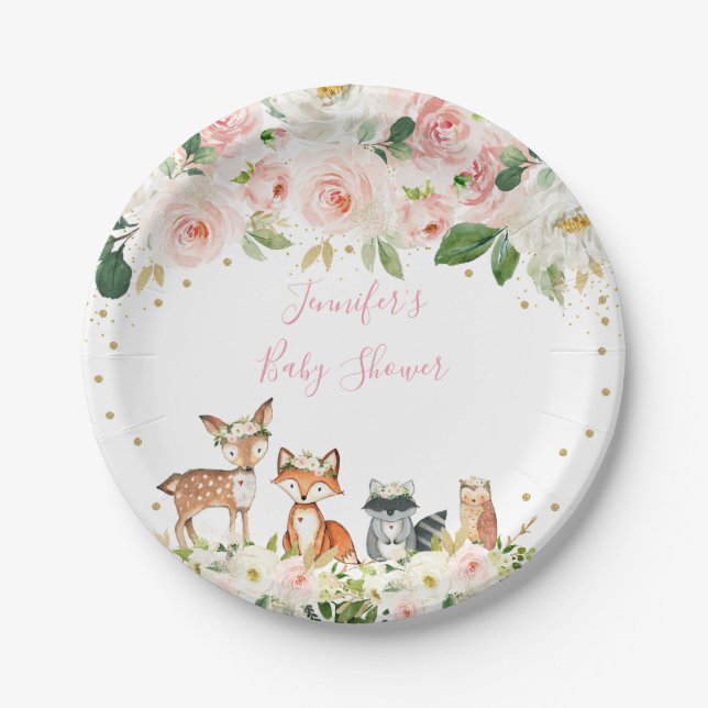 Girl Woodland Baby Dusche Blush Floral Pappteller (Vorderseite)