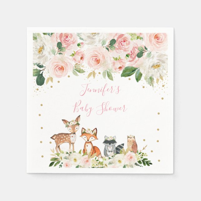 Girl Woodland Baby Dusche Blush Floral Serviette (Vorderseite)