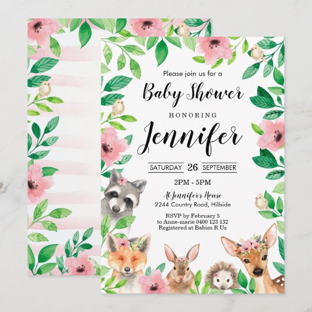 Girl Woodland Baby Dusche Einladung Rosa Woodland (Vorne/Hinten)