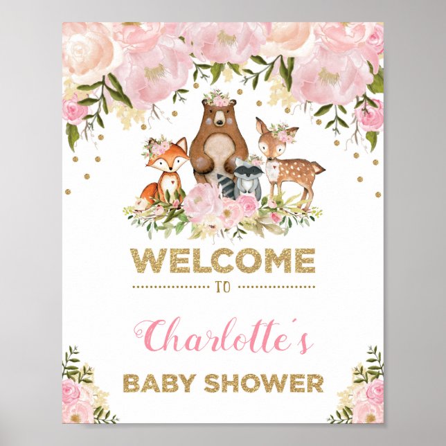 Girl Woodland Baby Dusche Rosa BläserBegrüßungszei Poster (Vorne)