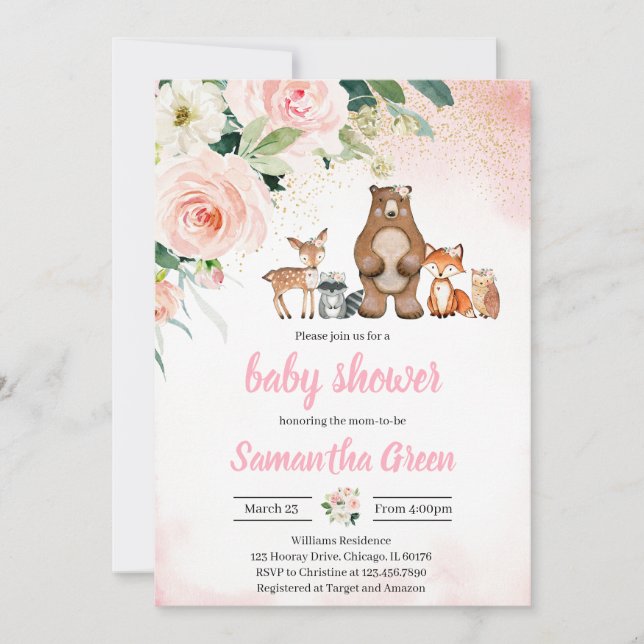 Girl Woodland Babydusche Einladung (Vorderseite)