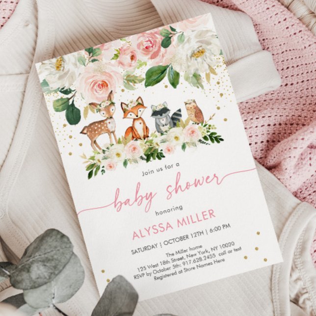 Girl Woodland Blush Floral Baby Dusche Einladung (Von Creator hochgeladen)