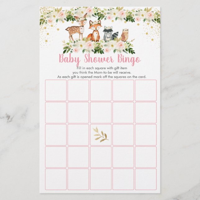 Girl Woodland Blush Floral Baby Shooting Bingo Gam (Vorderseite)