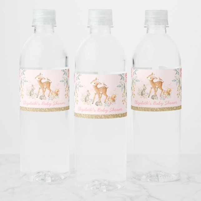 Girl Woodland Blush Pink Gold Floral Baby Dusche (Flaschen)