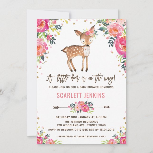 Girl Woodland Deer Baby Dusche Einladung Floral (Vorderseite)