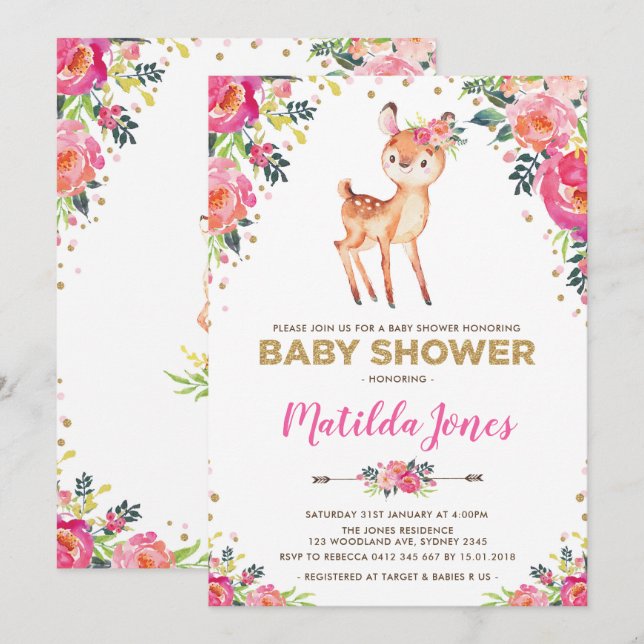 Girl Woodland Deer Floral Fawn Baby Dusche Party Einladung (Vorne/Hinten)
