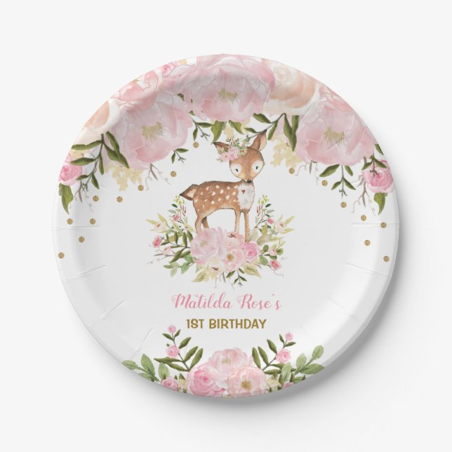 Girl Woodland Deer Pink Floral Forest Doe Birthday Pappteller (Vorderseite)