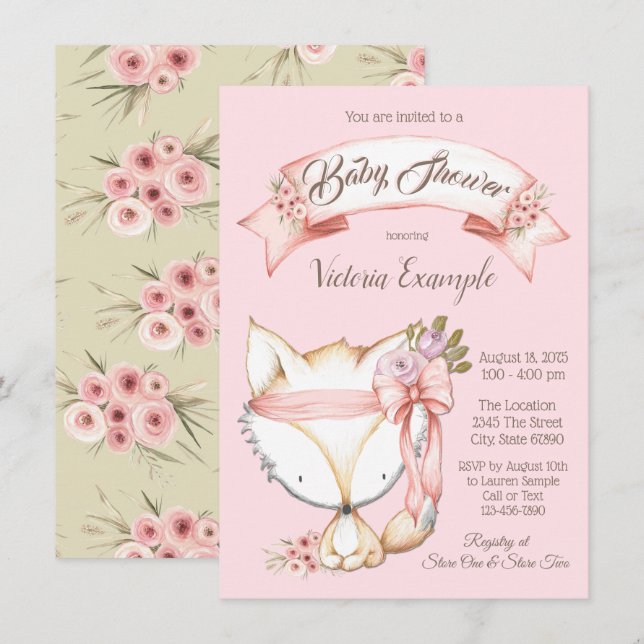 Girl Woodland Fox Baby Shower Einladungen (Vorne/Hinten)