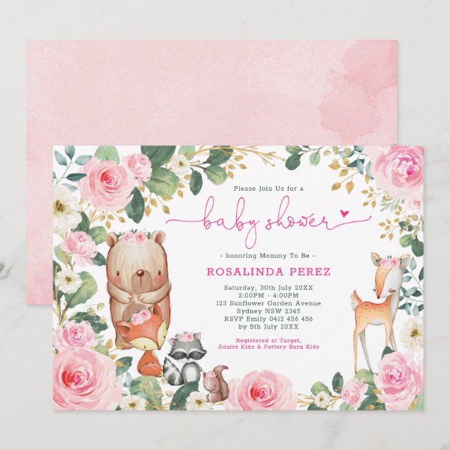 Girl Woodland Pink Floral Rose Forest Baby Dusche Einladung (Vorne/Hinten)