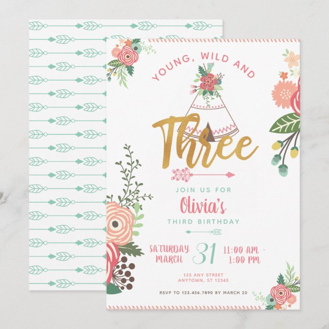 Girl Young Wild Three Boho Tribal Birthday Invite Einladung (Vorne/Hinten)