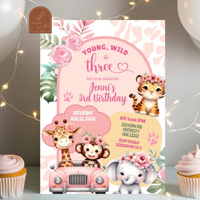 Girl Young Wild und Three Safari Animals Geburtsta Einladung (Von Creator hochgeladen)