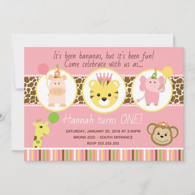 Girl Zoo Geburtstagsparty Einladung (Vorderseite)