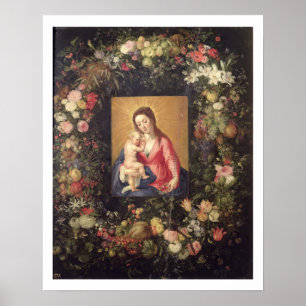 Girlande der Frucht und der Blumen mit Jungfrau Poster