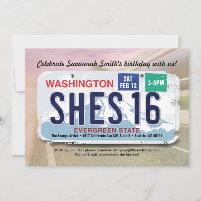 Girl's 16. Geburtstag Washington License Einladung (Vorderseite)