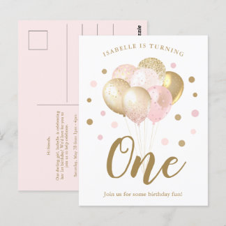 Girls 1. Geburtstag Pink Gold Glitzer Einladung Postkarte