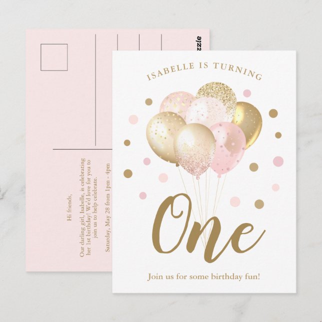 Girls 1. Geburtstag Pink Gold Glitzer Einladung Postkarte (Vorne/Hinten)