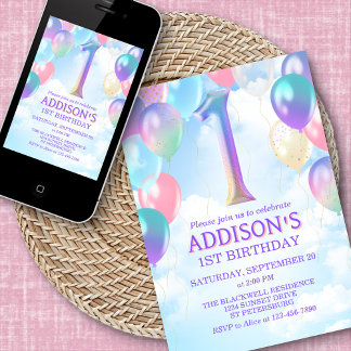 Girls 1. Geburtstag Rainbow Balloons Einladung