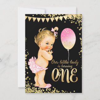 Girls 1st Birthday Gold Foil Glitzer Einladung
