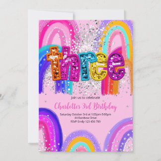 Girls 3rd Birthday Sequin Rainbow Party Invitation Einladung