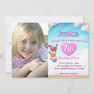 Girls 7th Birthday Party Photo Invites Butterflies Einladung