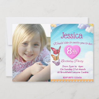 Girls 8th Birthday Party Photo Invites Butterflies Einladung