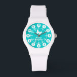 Girls aqua aquamarin & weiß Ganzname Armbanduhr<br><div class="desc">Grafische Kunstuhr mit einem einfachen weißen Schmetterling. Ideal für Mädchen Uhr Features sowohl Minuten und Stunden. Anpassen mit Ihrem vollständigen Namen Beispiel liest Fiona Smythe. Ideal für Schule und Sport,  da die Mädchen ihren vollen Namen haben.</div>