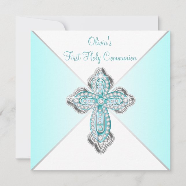Girls Aquamarin Blue First Communion Einladung (Vorderseite)