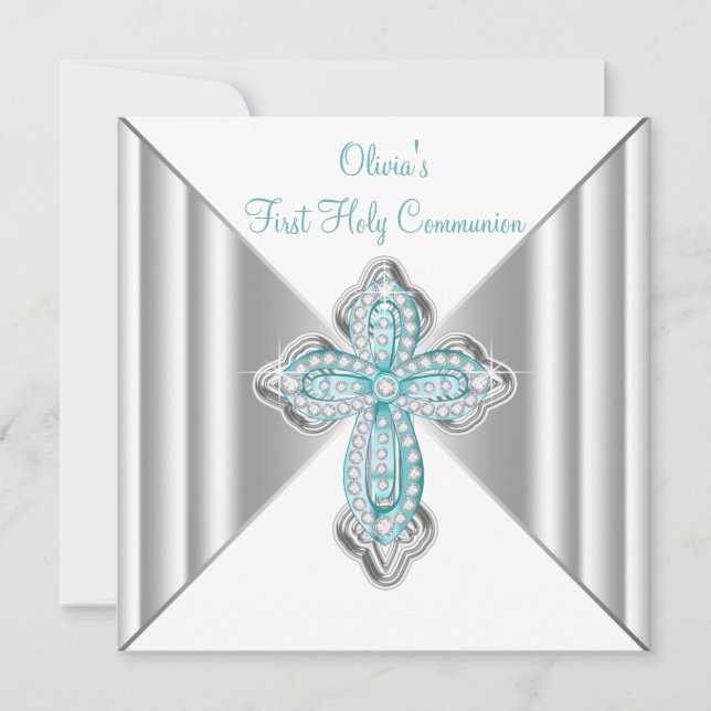 Girls Aquamarin Blue First Communion Einladung (Vorderseite)