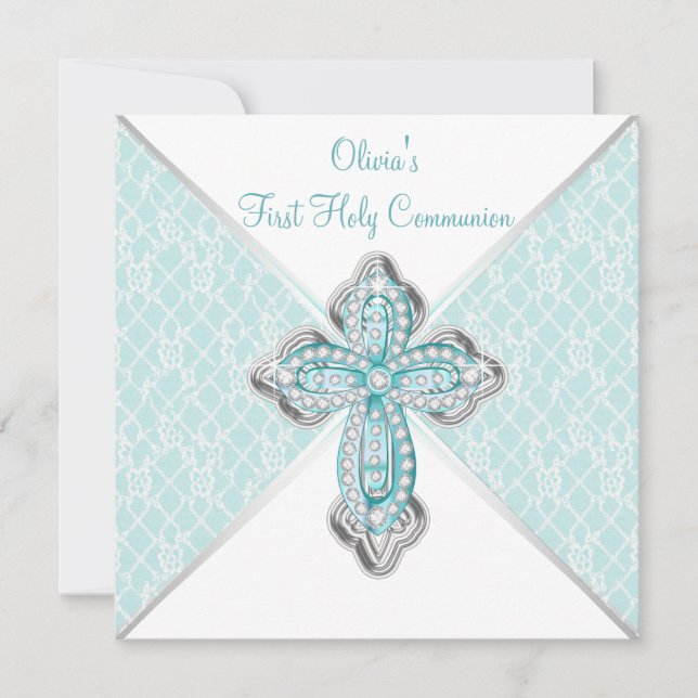 Girls Aquamarin Blue First Holy Communion Einladung (Vorderseite)