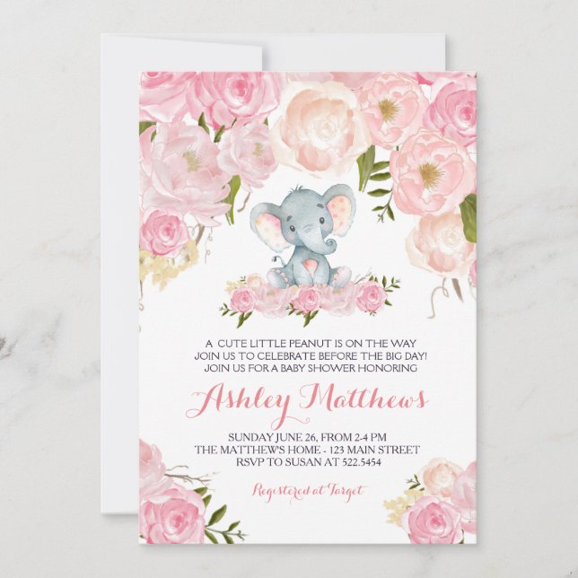 Girls Baby Elephant Baby Shower Einladungen (Vorderseite)