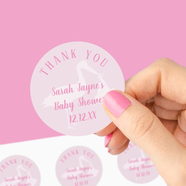 Girls Baby Shower Pink Stork Lieferung Vielen Dank Runder Aufkleber (Pink baby shower? Need stickers for that? Just add your details to these)