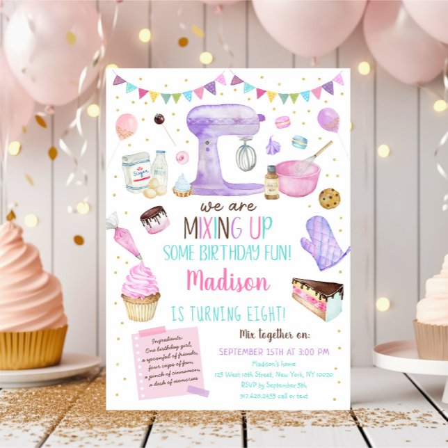 Girls Backen Party Rosa Goldene Torte Geburt Einladung (Von Creator hochgeladen)