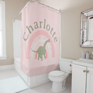 Girls Bad Dinosaur Rainbow Pink Duschvorhang